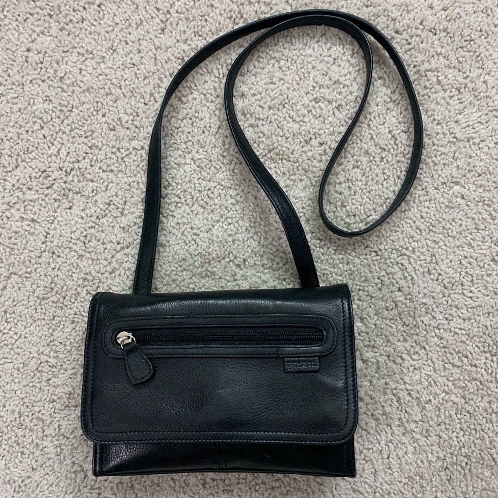 FOSSIL Black LEATHER Multi Compartment CROSSBODY Shoulder MINI BAG Purse